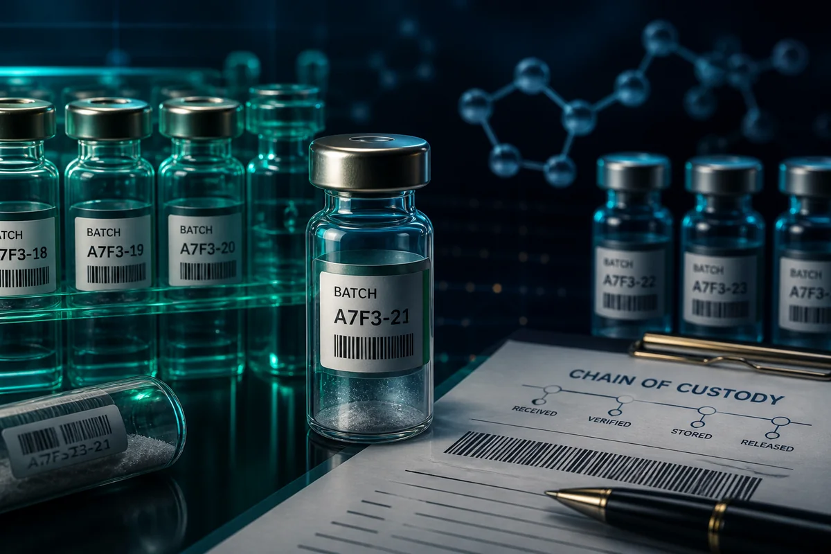 Serialized research vials beside controlled laboratory documentation